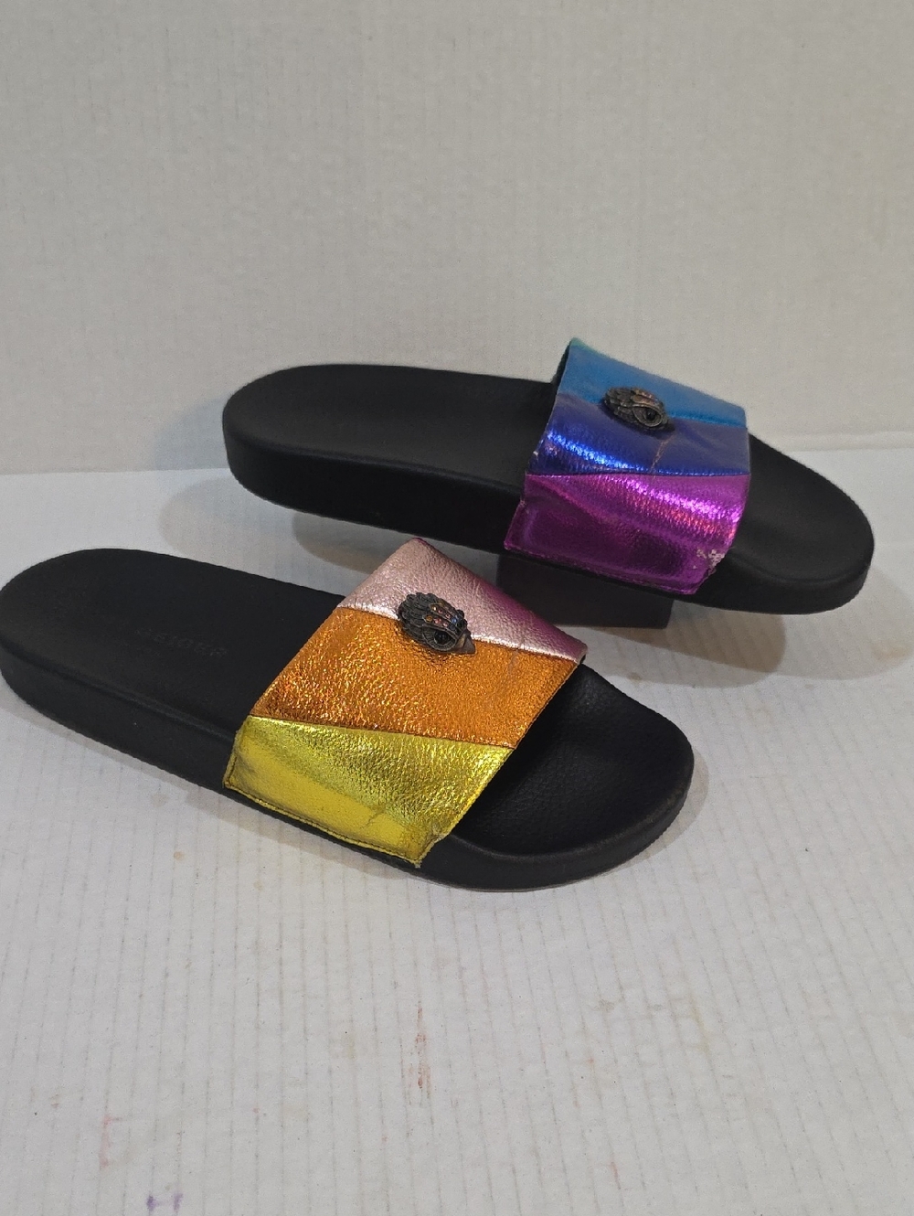 Kurt Geiger Women's Multicolor Metallic Slide Sandals - Black Footbed Size 7.5